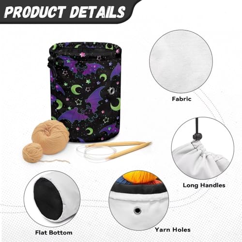 Image of Sellikakes Halloween Bats Moon Yarn Bag Crochet Storage Organizer with Drawstring, Crocheting Storage Bag Organizer Yarn Holder for Crocheting Project Store Skein Ball, Short Knitting Needle