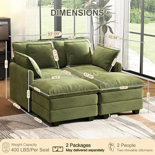 Image of 58 inch Cloud Couch Sectional Modular Sofa, Deep Seat Couches with Ottoman and Removable Washable Pillows for Living Room, Bedroom, Apartment, Green