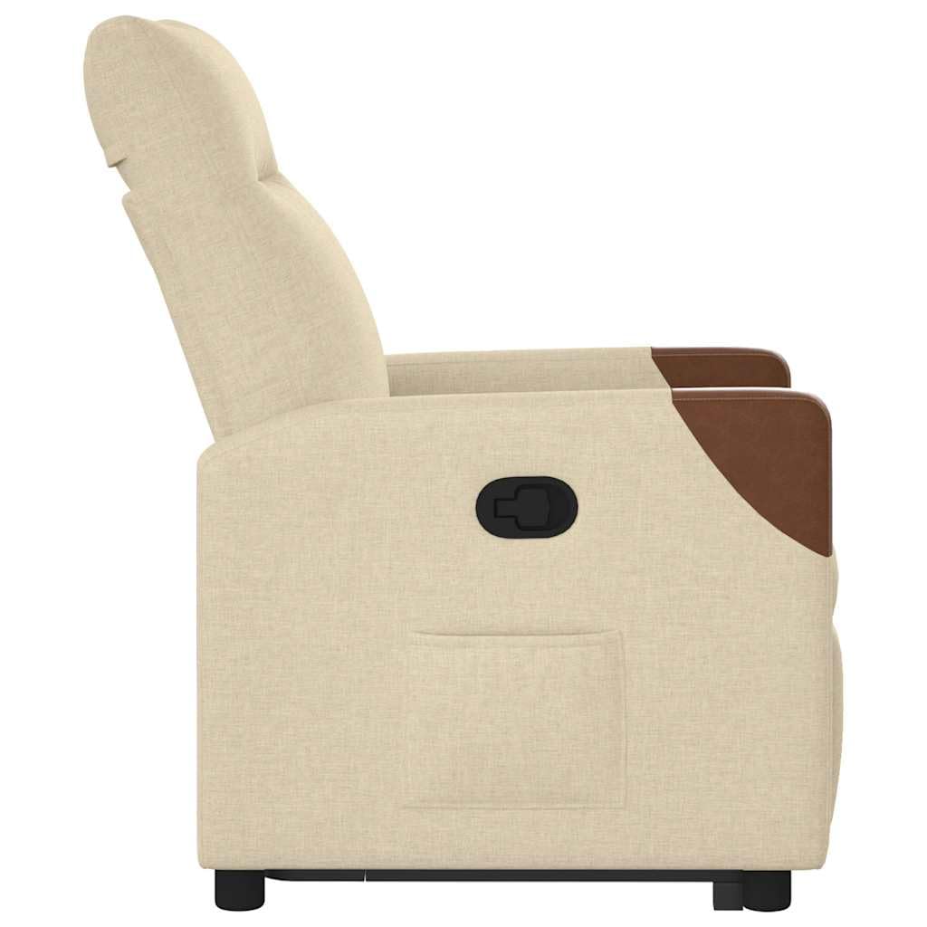 Sillón elevador eléctrico reclinable de tela color crema con función de elevación automática y reclinación manual a 135 grados, estructura estable de madera y metal, bolsillo