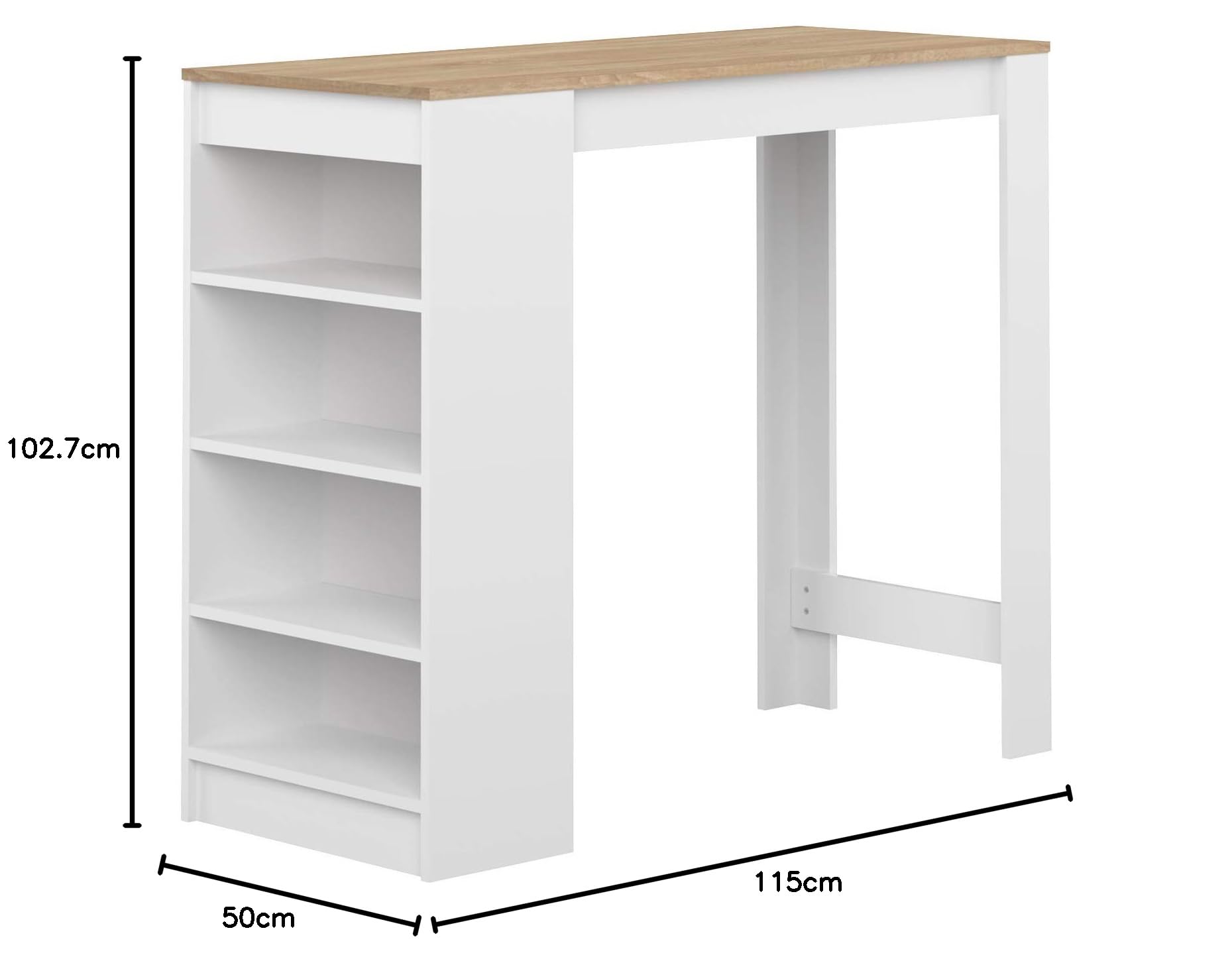 TEMAHOME Aravis Mesa Bar con Almacenamiento, Tablero de Partículas de Melamina, Blanco/Beige (Roble), 115 x 50 x 102.7 cm