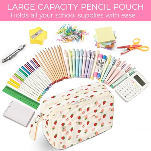 Image of WOBAGMEN Cute Pencil Case,Large Corduroy Zippered Pencil Case Pouch, aesthetic Pencil Bag with Compartments, Pencil Pouch School Supplies (HY-corduroy pc-strawberry)