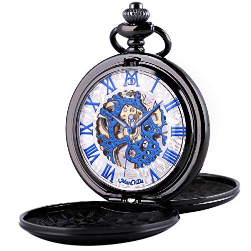Image of ManChDa Mechanical Roman Numerals Dial Skeleton Pocket Watches with Box and Chains for Mens Women