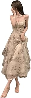 Generic Retro Printed Dress Women's Suspender Sleeveless Slim Fit Ruffled Chiffon Casual Korean Style Long Skirt