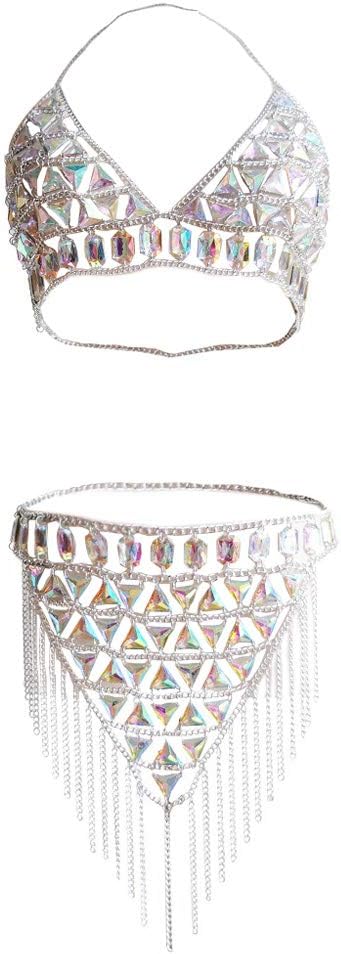 Crystal Body Chain Women Waist Vest Harness Shoulder Jewelry Kit for Party Bikini (Silver)