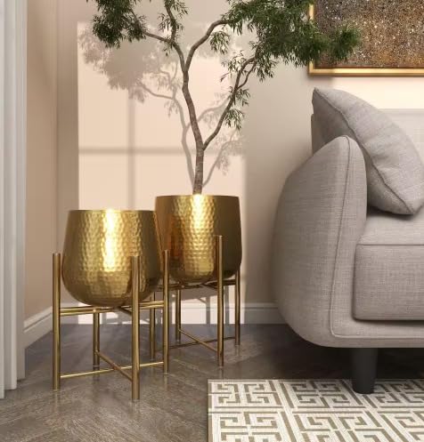 Image of Round Shape Metal Indoor & Outdoor Large Golden Planter Pot for Living Room Bedroom & Interior Balcony Sets of 2