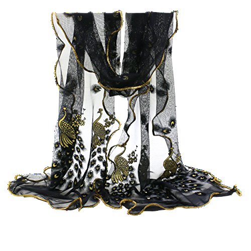 SANWOOD® Trendy Women Gauze Embroidered Peacock Veil Church Mantilla Scarf Wrap (Black)
