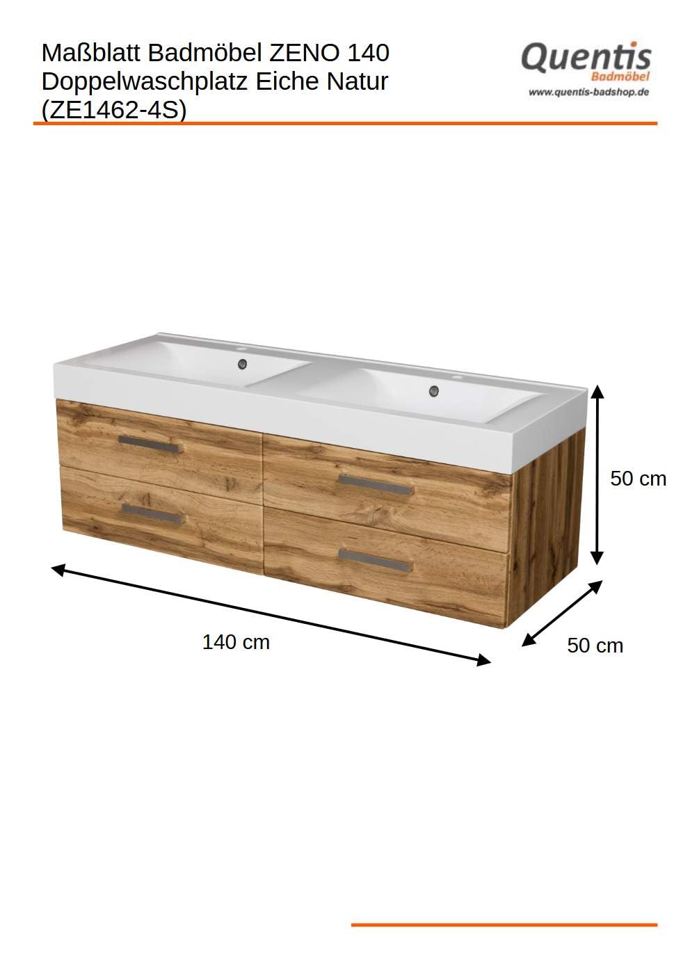 Quentis Badmöbelset ZENO 140 cm, Doppelwaschtisch mit Unterschrank, Eiche Natur, 4 Schubladen, Unterschrank montiert