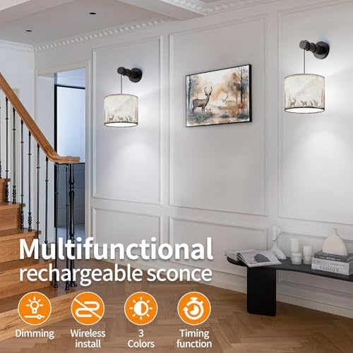 Image of Battery Wall Sconces Set of Two, Wall Sconces Battery Operated with Remote, Dimmable Cordless Wall Lamps, Rechargeable Wireless Sconce, Rustic Battery Wall Sconce for Living Room