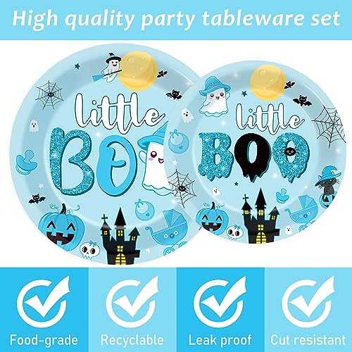 Image of 96PCS Halloween Little Boo Baby Shower Plates and Napkins for Boo baby shower Decorations Disposable Blue and Black Dinnerware Plates Napkins Forks for Halloween Party Favors