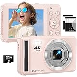 4K 6400万画素 デジタルカメラ AFオートフォーカス付き、16倍デジタルズーム、2.8インチ IPSスクリーン、初心者向け、ウェブカメラ、Vlog用コンパクト軽量ポータブル、誕生日ギフト付き；32GB Micro SDカード、2個のバッテリー、ピンク、日本語説明書付属