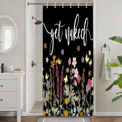Uiiooazy Rideau Douche Anti Moisissure, Rideau de Douche Étroit 90x180cm Noir Fleuri Rose et...