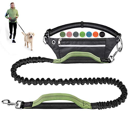 Hands Free Dog Leash for Running Walking Jogging Training Hiking, Retractable Bungee Dog Running Waist Leash for Medium to Large Dogs, Adjustable Waist Belt with Pack, Reflective Stitches, Dual Handle
