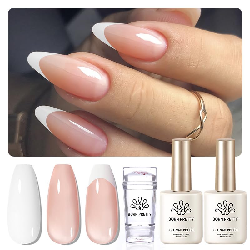 Born PrettyFrench Manicure Kit, Nail Stamper and 2Pcs Gel Nail Polish, Include Jelly Nude White Colors for French Tip DIY Salon, U V Light Cure