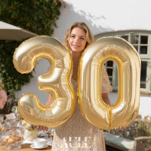Image of AULE 40 Inch Large 30 Balloon Numbers Light Gold, Big Foil Number Balloons, Giant Helium Happy Birthday Party Decorations for Man and Women, Huge Mylar Anniversary Party Supplies