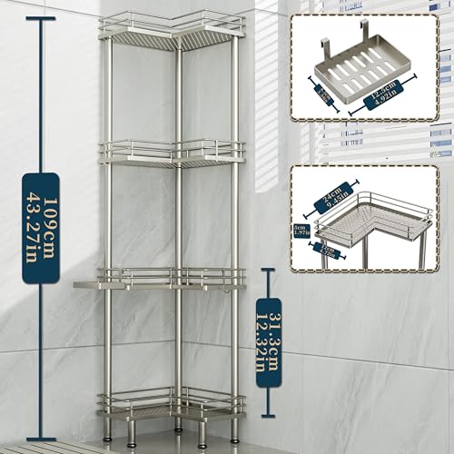 Image of Consumest Corner Shower Caddy Standing - 4-Tier Stainless Steel Shower Organizer with Soap Holder and 4 Hooks, Large Capacity Corner Shelf Stand for Bathroom, Rest Room, Sand Nickel