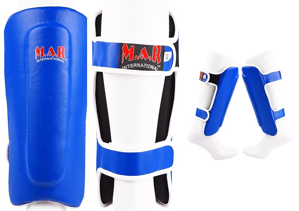 Blue Karate/Kickboxing/Thai Boxing Shin Guard with Two Adjustable Hook & Loop Straps and Moulded Foam Padding – Rex Leather