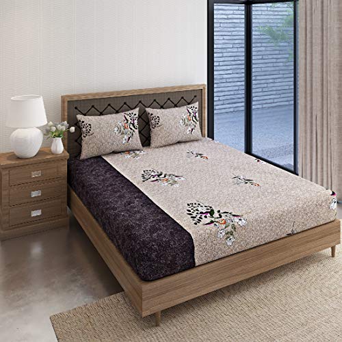 Image of Swayam Pure Cotton Double Bedsheet with 2 Pillow Covers | Size 90 x 100 inch | 160 TC | Floral Design | Soft Breathable Bed Sheet | Comfortable & Durable for Bedroom - Light Brown