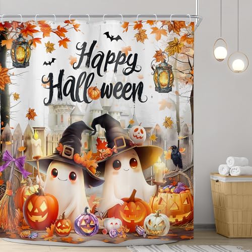 Image of Riyidecor Happy Halloween Shower Curtain Kids Funny Ghost Cute Cartoon Gothic Spooky Fall Autumn Pumpkin Maple Leaves Castle Bathroom Decor Fabric Polyester Waterproof 12 Pack Hooks 72Wx72H Inch