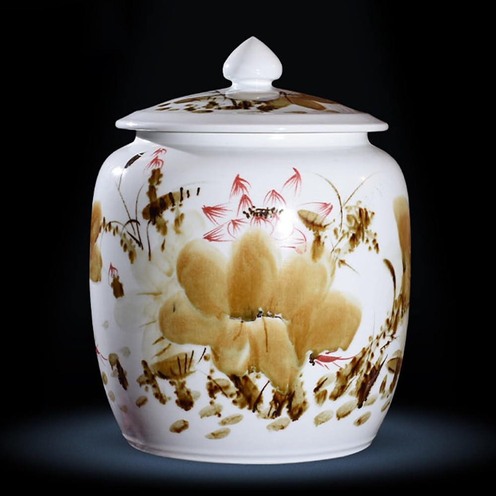 SXYHCK Chinese Ceramic Rice Bucket Large Grain Dispenser Food Storage Container With Lid Sealed Ceramic Rice Storage Jar Porcelain Kitchen Sealed Jar(Yellow,25kg/55lbs)
