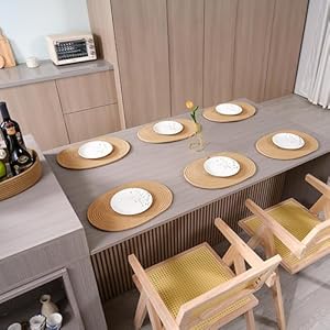 Placemats Set of 6 Oval – Woven Boho Farmhouse Table Mats for Dining Table for 6, Kitchen Decor, Washable and Handmade Rustic Table Accessories (Oval, Light Brown) Placemats Set of 6 Oval–Woven Boho Farmhouse Table Mats for Dining Table for 6 Kitchen Decor Washable and Handmade Rustic Table Accessories Oval Light Brown
