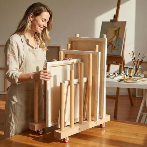 Image of Artwork Storage Rack with Brake Caster Wheels,Art Drying Rack, Canvas Storage Rack,Wood Storage Stand for Drawing Board, Prints, Perfect for Studios,Galleries, Museums, Art Venues (12in)