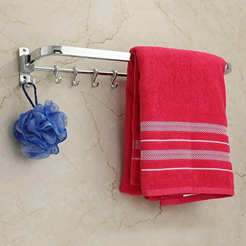 Image of USF Bath Accessories 304 Grade Stainless Steel Folding Towel Rod with Hooks, 24 Inch Towel Bar for Bathroom, Wall Mounted Napkin Rod, Chrome Finish, 3 Years Warranty