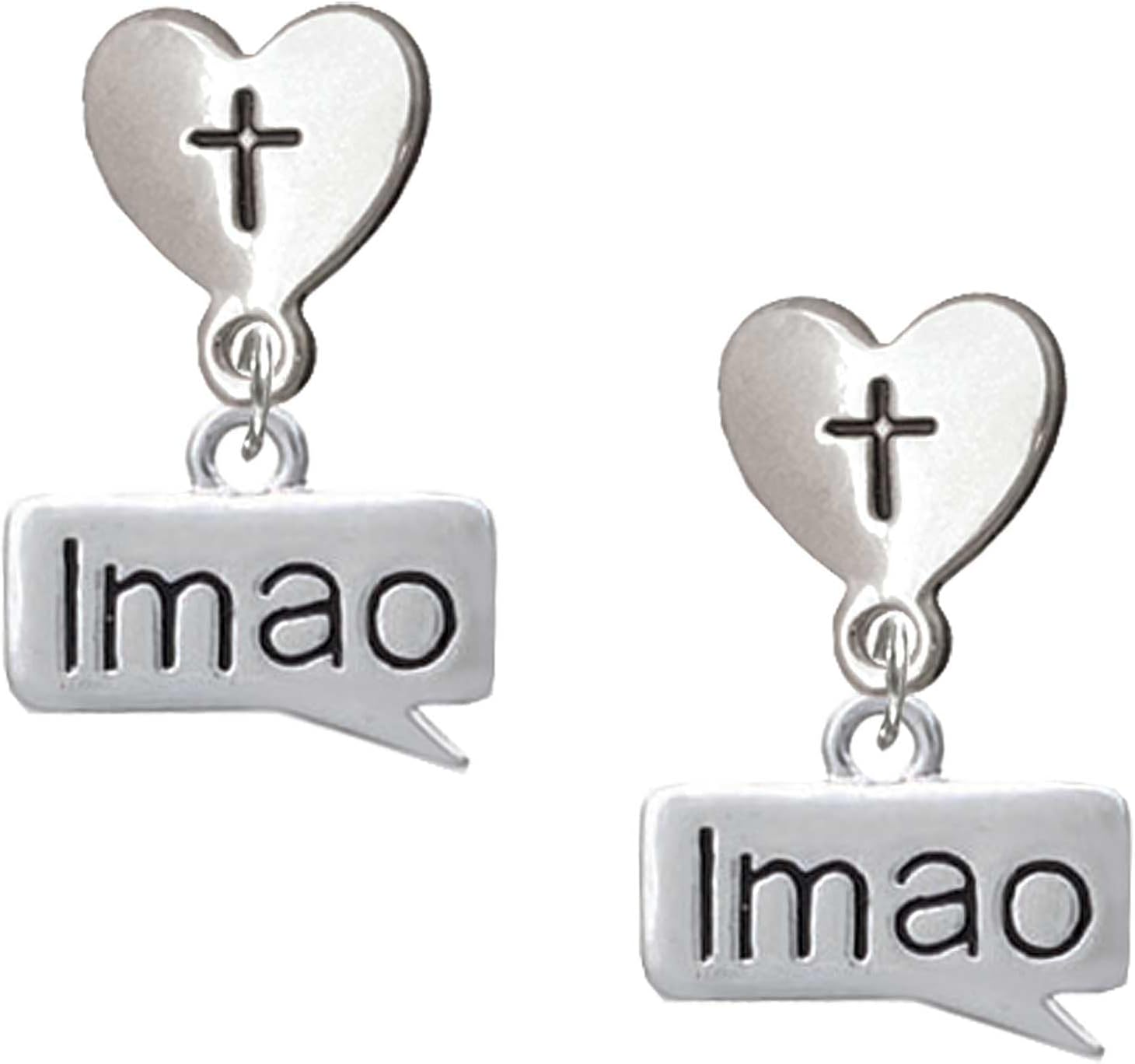 Delight Jewelry Silvertone Text Chat -Message - Cross in Heart Post Dangle Earrings