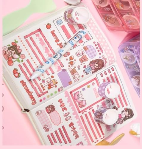 Image of Washi Tape Set - 100 Pcs Decorative Designer Tapes + 20 Kawaii Stickers, Tweezer, Pen, Spatula in 3-Layer Storage Box | Masking Tapes for DIY Crafts, Journaling, Scrapbooking (MODEL 2)