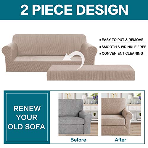 Image of Turquoize 2 Piece Couch Covers for Furniture Sofa Protector Cover, Khaki Spandex Slipcover /Lounge Cover, Slip Resistant Furniture Protector Knit Jacquard Machine Washable, Sofa, Sand