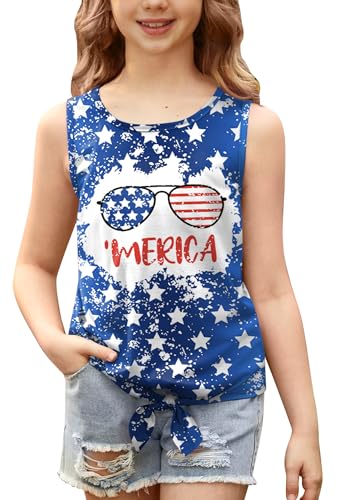 Image of July 4th Girls Patriotic Sleeveless Tie Knot Front Tank Top Stars Stripes Tee Shirt 4-14 Years