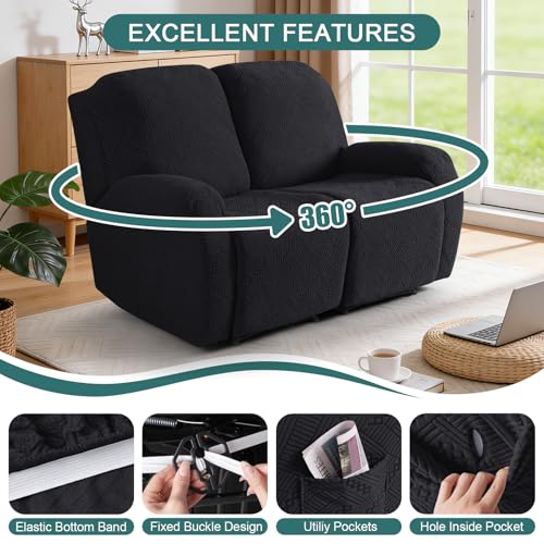 Image of Ruaozz Recliner Sofa Covers Recliner Chair Covers Extra Wide Loveseat Recliner Slipcovers with Pockets Washable Furniture Protector with Elastic Bottom (2 Seater-X Large, Black)