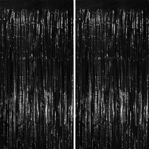 Image of Voircoloria 2 Pack Black Tinsel Foil Fringe Curtains, Black Party Decorations, Metallic Tinsel Party Streamers Backdrop for Birthday Halloween New Years Graduation Party Decorations