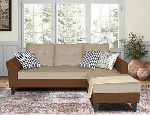 Image of Adorn India Maddox L Shape 4 Seater Sofa Set Tufted Two Tone RHS (Brown & Beige) (3 Year Warranty)