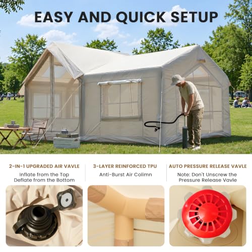 Image of Inflatable Tents for Camping, Blow Up Tent with Hand Pump, Easy Setup Inflatable Hot Tent with Stove Jack, Waterproof Oxford Air Glamping Tents for Camping Adult 4 /6 /8 /10 /12 Person Upgrade Version