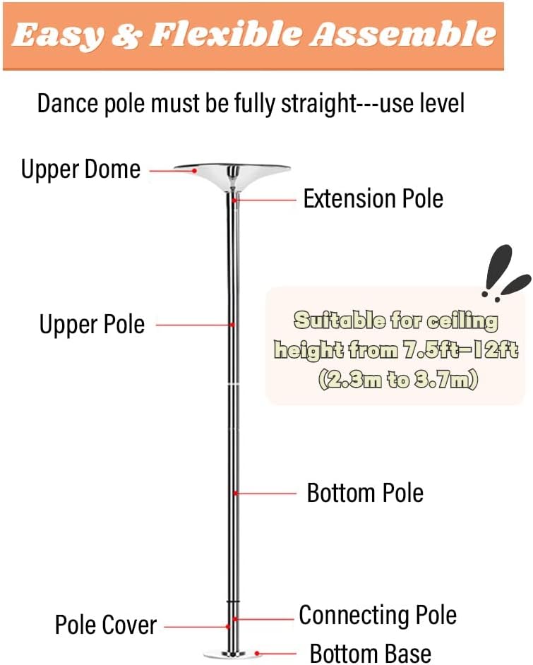 Premium Dance Pole Removable Spinning Static Dancing HeavyDuty Steel Pole Adjustable Height，Dancing Pole,Spinning Pole Dancing Pole 9ft 10ft 11ft 12ft Plus Size Spinning Static Dancing Pole