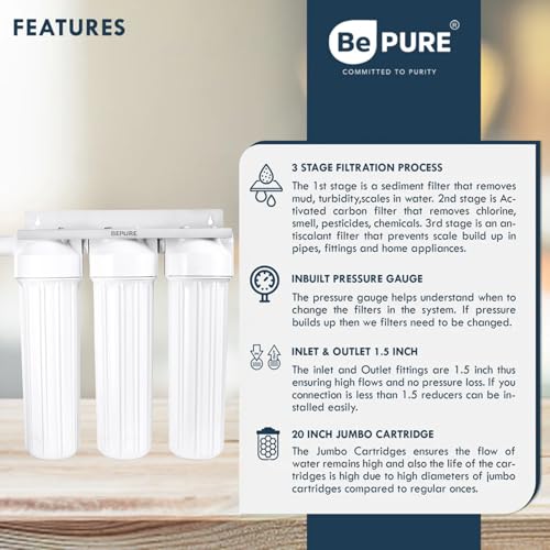 Image of Bepure MF3 Whole House Filtration System| 3 Stage Filtration with Sediment, Activated Carbon & Antiscalant Filters| Main Line Filter| Reduce Turbidity, Chlorine Mud, Smell, scales due to hardness