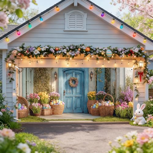 Image of Spring Blue Door Garage Cover 157x70 inch Easter Eggs Basket Tulip Floral Wreath Outdoor Mural Banner Farmhouse Waterproof Home Decor