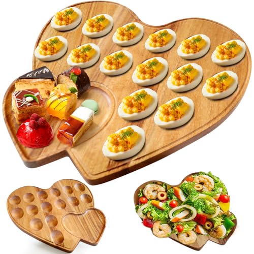OLOUUWOW Deviled Egg Platter, Acacia Wood Deviled Egg Tray 15 Holes, Heart Shape Deviled Egg Holder for Deviled eggs.Charcuterie Board Easter Deviled egg Containers for Kitchen Countertop