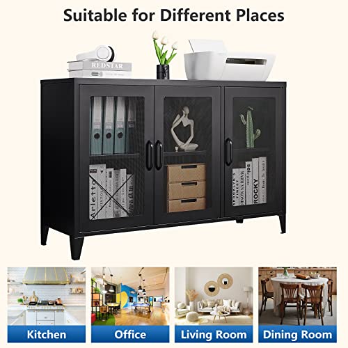 Afaif Metal Storage Cabinet, Steel Office Cabinet, Freestanding Sideboard Cabinet Storage With 3 Mesh Doors & Adjustable Shelves, Black Side Cabinets For Home Office, Living Room,Bedroom,Kitchen #TOP6