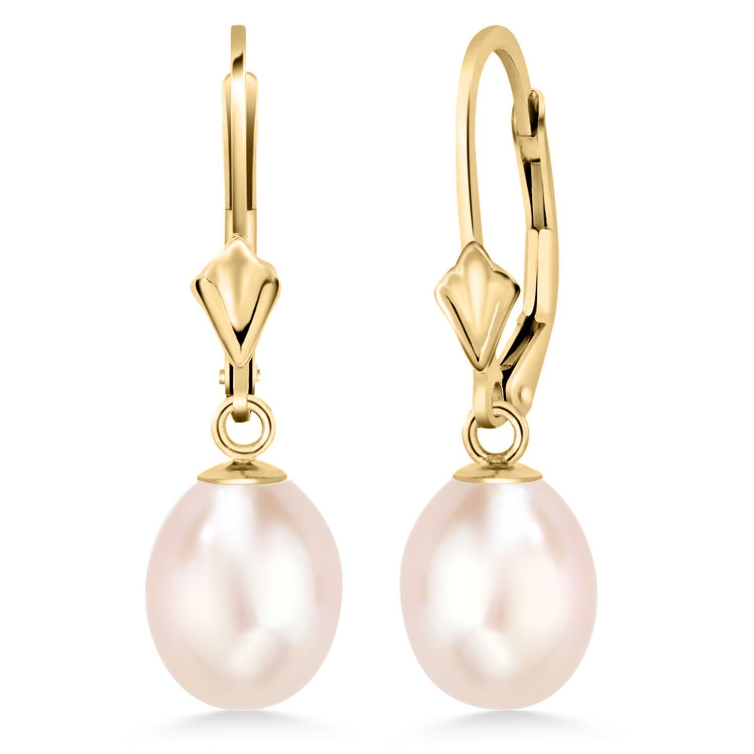 Gem Stone King 14K Gold 9MM Cultured Freshwater Pearl Leverback Drop Earrings