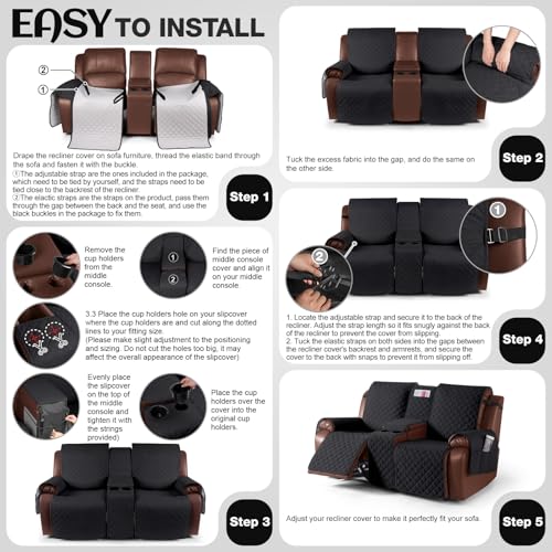Image of KinCam 100% Waterproof Recliner Loveseat Cover with Console, Non-Slip Reclining Couch Covers for 2 Seat, Recliner Sofa Cover Furniture Protector with Elastic Straps for Kids, Pets, Black