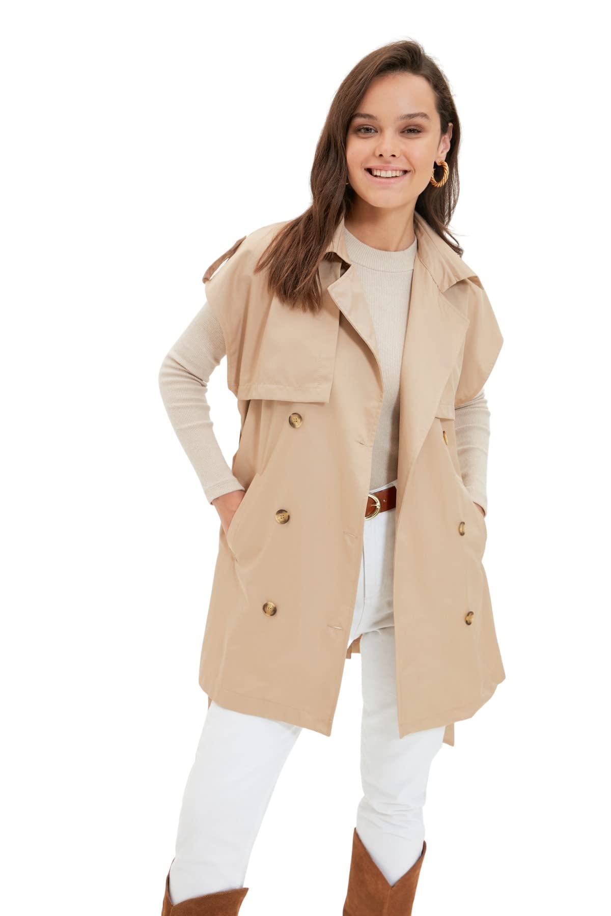 Trendyol Women's Reverskragen Unifarben Regular Weste Sweater, Camel, 36
