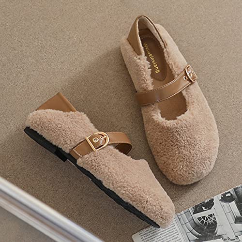 JOEupin Women's Slip On Fuzzy Mary Jane Flats Warm Loafers House Slippers Home Ballet Flats3