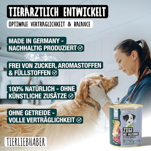 TIERLIEBHABER – Hundefutter Nass 800g 6X Ziege mit Pastinake – Von Tierärzten entwickelt – Nassfutter Hund mit 91% Fleischanteil – Dog Food als Hundenassfutter 800g Dosen