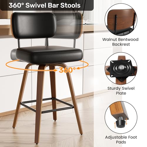 Image of Swivel Bar Stools Set of 2, 26 inch Upholstered Faux Leather Counter Height Barstools with Walnut Back & Bentwood Legs, Mid Century Modern Bar Chairs Island Stools for Kitchen Counter, Black