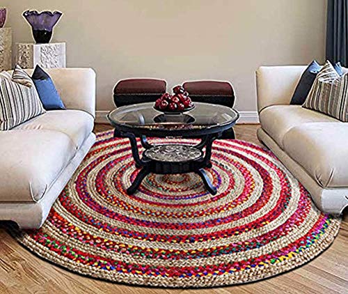 Image of The Home Talk Cotton and Jute Braided Floor Rug,Chindi,150 cm /5 Feet Round diamater- Multicolor