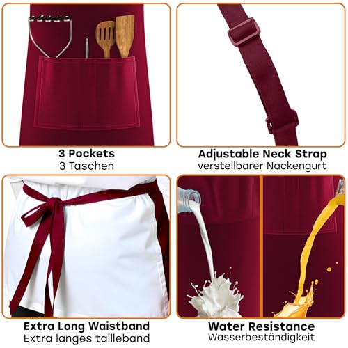 LEFUNDA® Kochschürze Wasserdicht Schürze mit 3 Taschen Verstellbare Grillschürze mit langen Bändern Küchenschürze für Männer Damen Küche BBQ Restaurant Café Backen