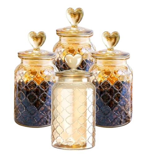 Image of MARTVIA Brown Glass Food Storage Jars with Glass Lids 1000ml Set of 4, Love Heart Handle Lid Jar for Home Kitchen,Flour, Sugar, Coffee, Pasta,Grains, Cookies, Snacks (Heart 1000 ML Jar, SET OF 4)