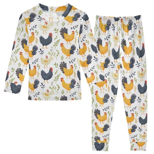 Pajama Sets Long Sleeve Chicken Pattern with Plants Soft Comfy Sleepwear 2 Piece PJS 3-8T