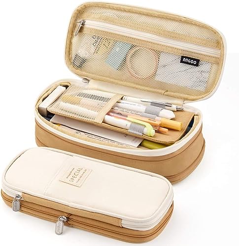 Image of FineMoe Large Pencil Case Stationery Items for Girls and Boys, Canvas Bags Pen Pencil Pouch for School College and Office, Organize Makeup Cosmetic, Aesthetic Cute Stationary Box for Daily Use (Brown)